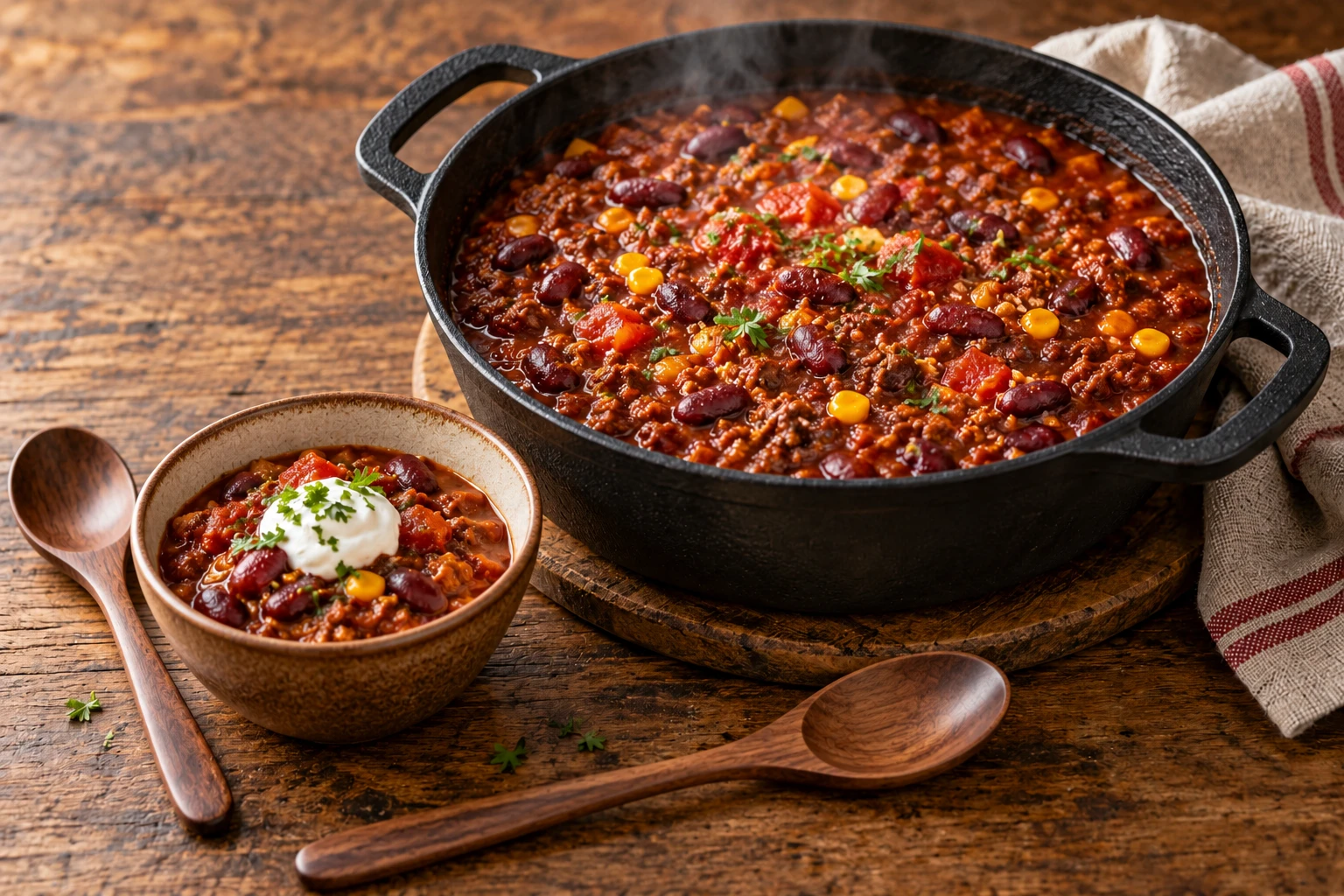 Gusseiserner Topf mit Chili con Carne und eine Schale mit Sauerrahm auf einem Holztisch, daneben Holzlöffel